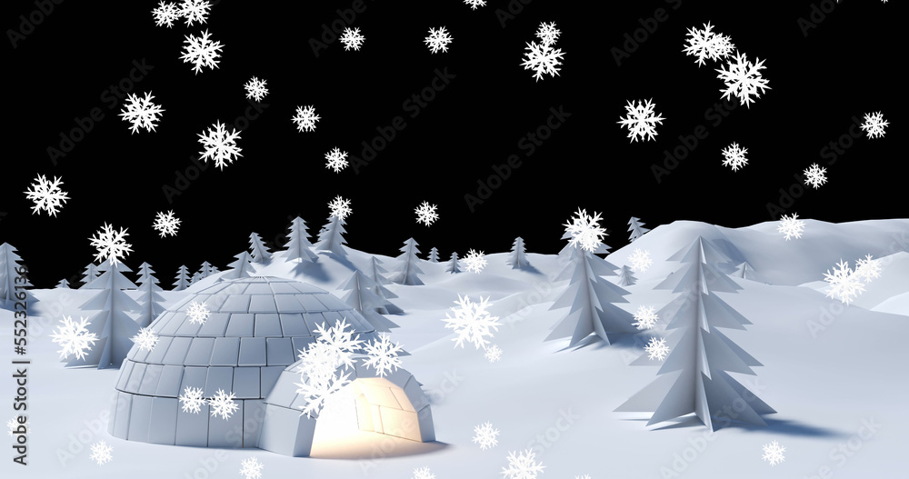 Image of snow falling over igloo in night winter landscape