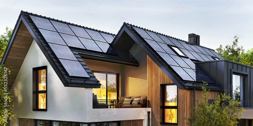 Solar panels on the roof of a beautiful modern home