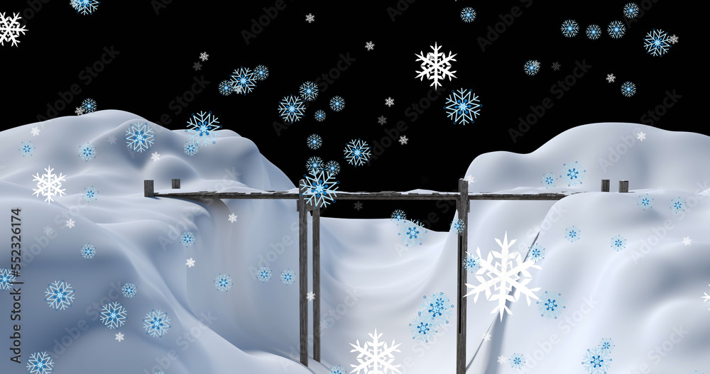 Image of snow falling over night winter landscape