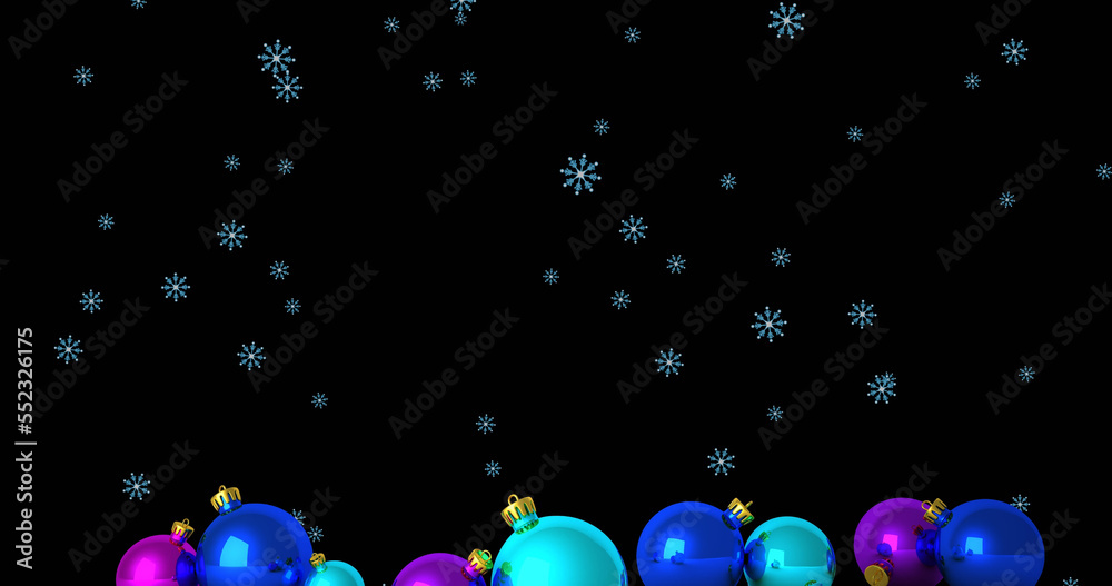 Image of snowflakes falling over christmas baubles on black background