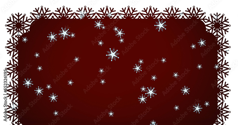 Image of snow falling over christmas decorations on burgundy background