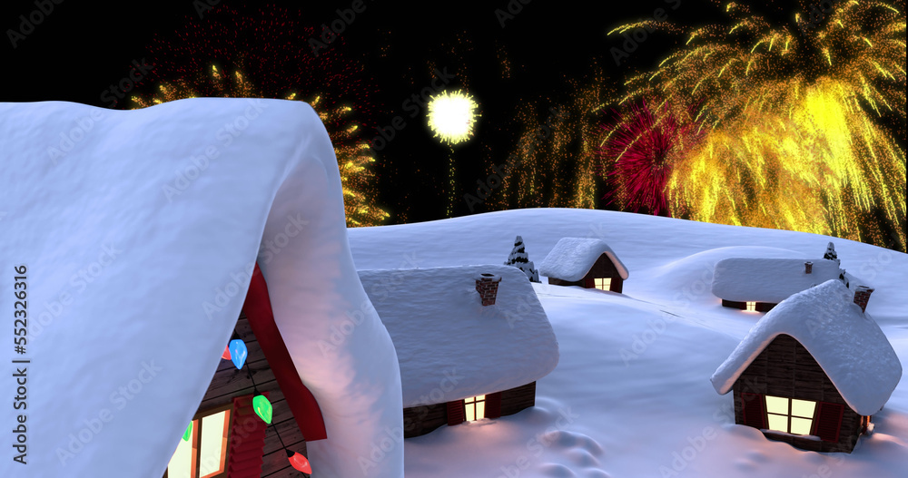 Image of christmas and new year fireworks in night sky over snow covered houses