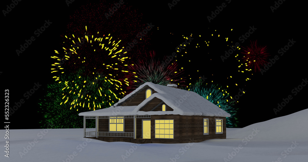 Image of colourful christmas and new year fireworks exploding in night sky over house in snow