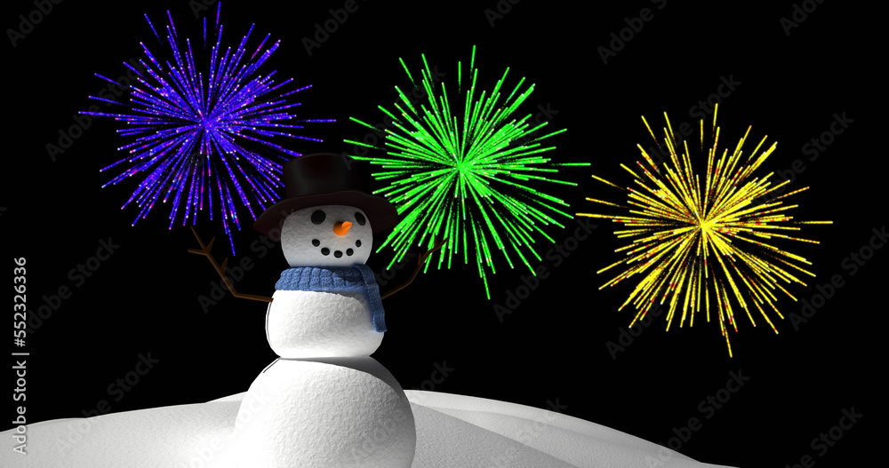 Image of snowman with colourful christmas and new year fireworks exploding in night sky