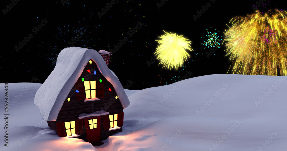 Image of christmas and new year fireworks in night sky over snow covered house