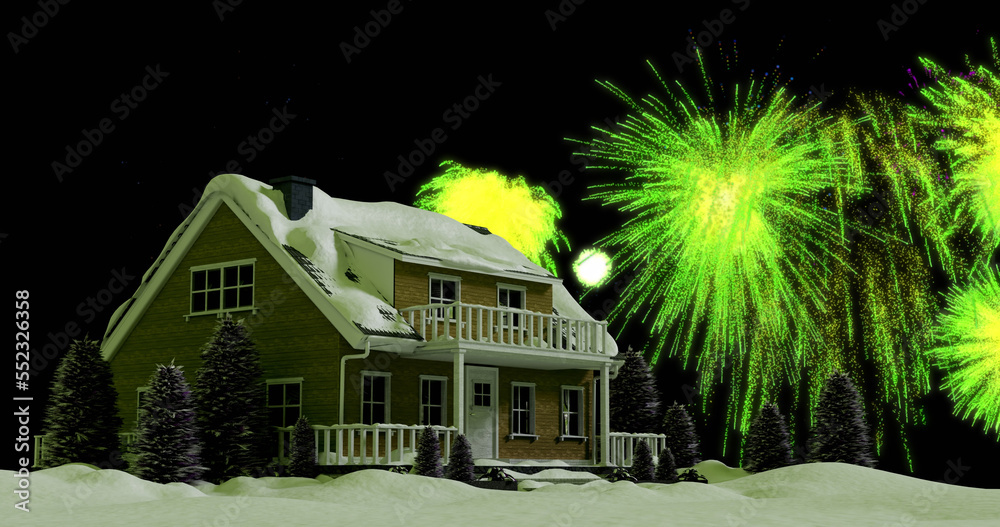 Image of colourful christmas and new year fireworks exploding in night sky over house in snow