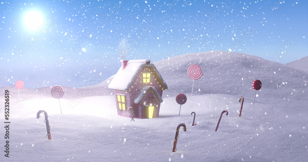 Image of christmas cottage in winter landscape with candy canes, lollipops, sun and falling snow