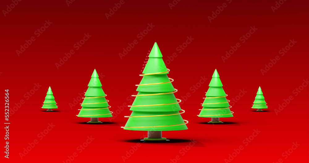 Image of christmas trees spinning on red background