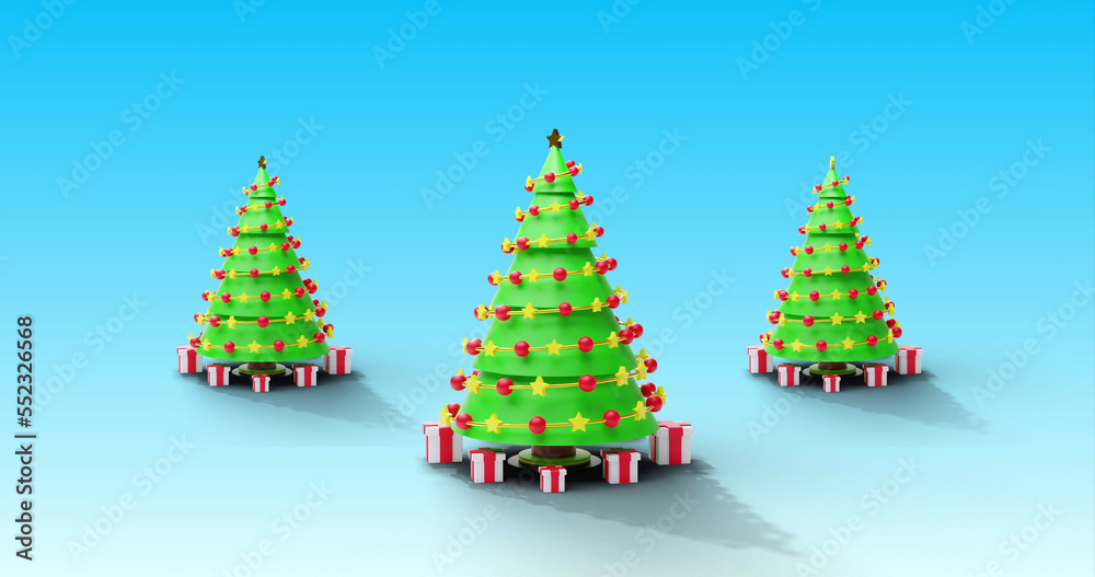 Image of christmas trees spinning on blue background