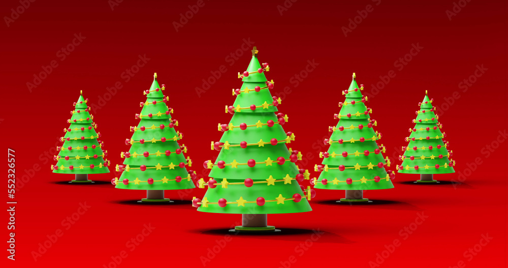 Image of christmas trees spinning on red background