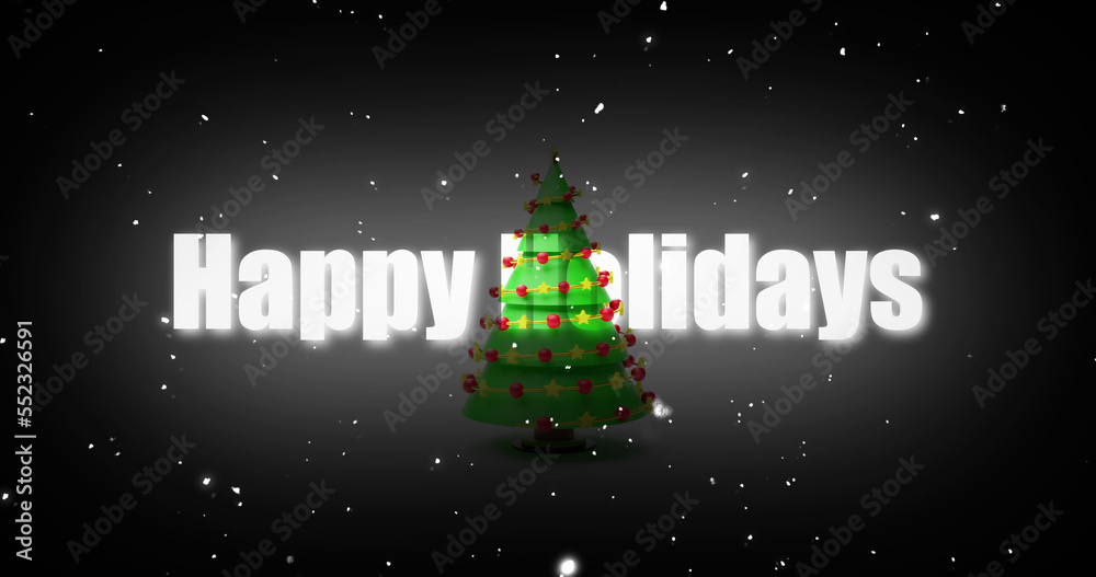 Image of christmas tree over happy holidays text