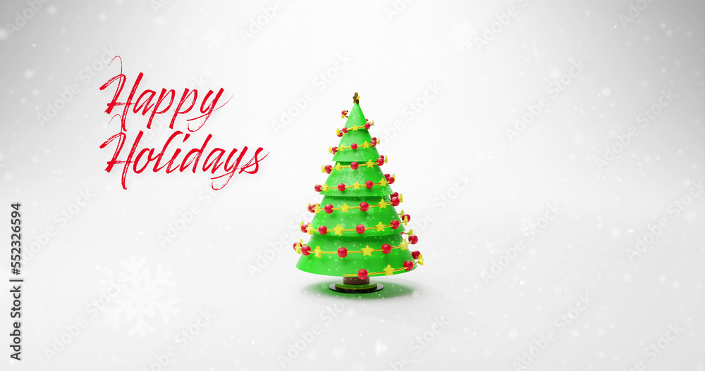 Image of christmas tree over happy holidays text