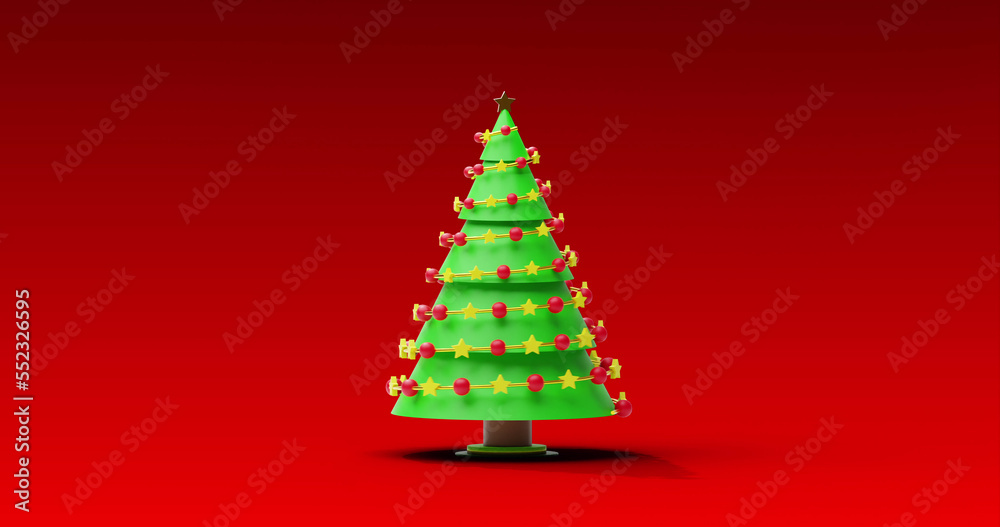 Image of christmas tree spinning on red background