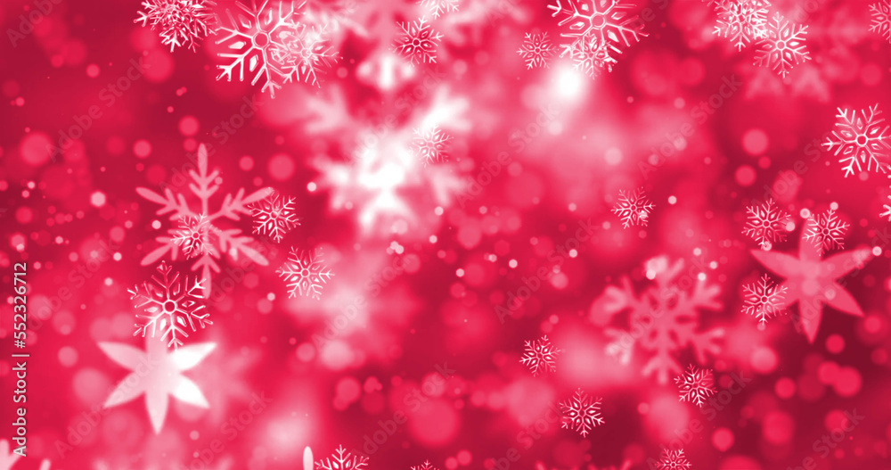 Image of snow falling and light spots on red background