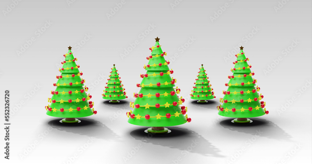 Image of christmas trees spinning on grey background