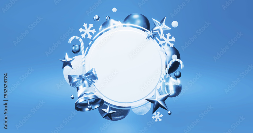 Image of round frame with blue christmas decoration and copy space on blue background