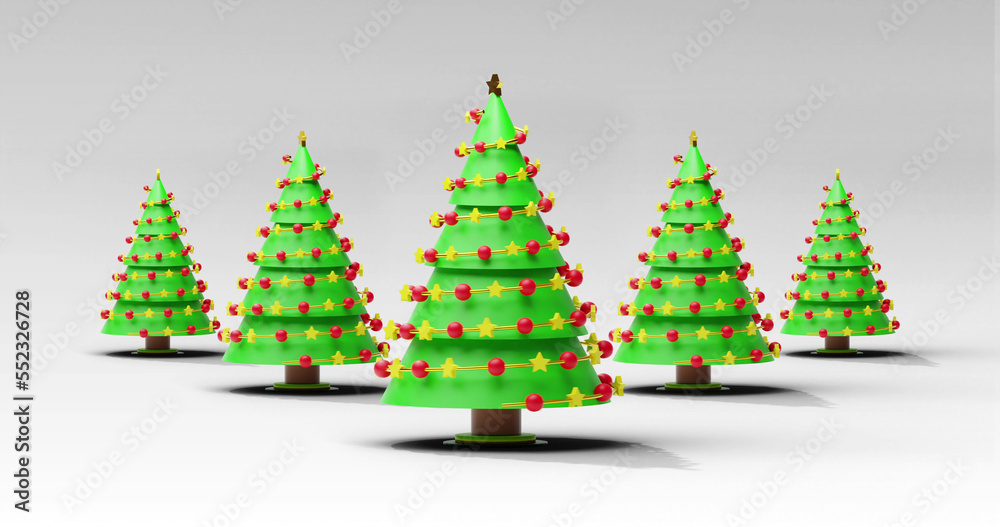 Image of christmas trees spinning on grey background