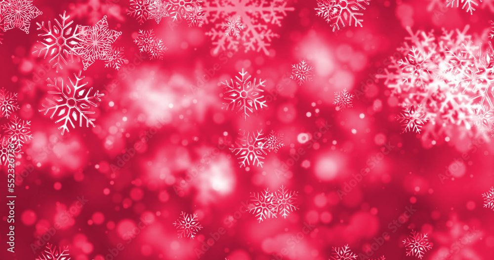 Image of snow falling and light spots on red background