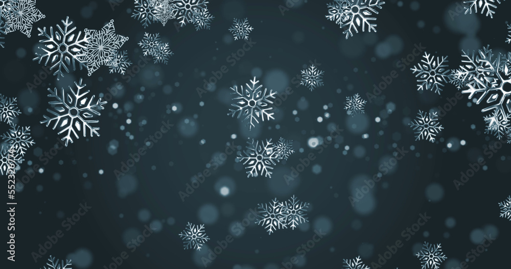 Image of snow falling and light spots on black background