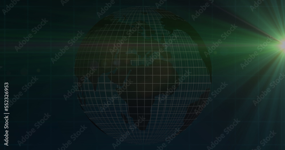 A digital globe with financial data and graphs rotating around it