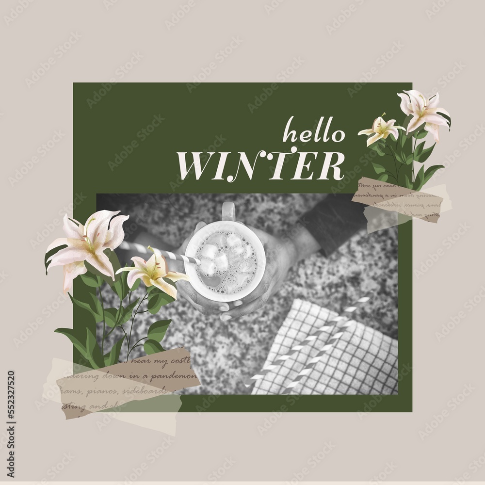 Square image of hello winter text with women drinking hot coffee picture over grey background