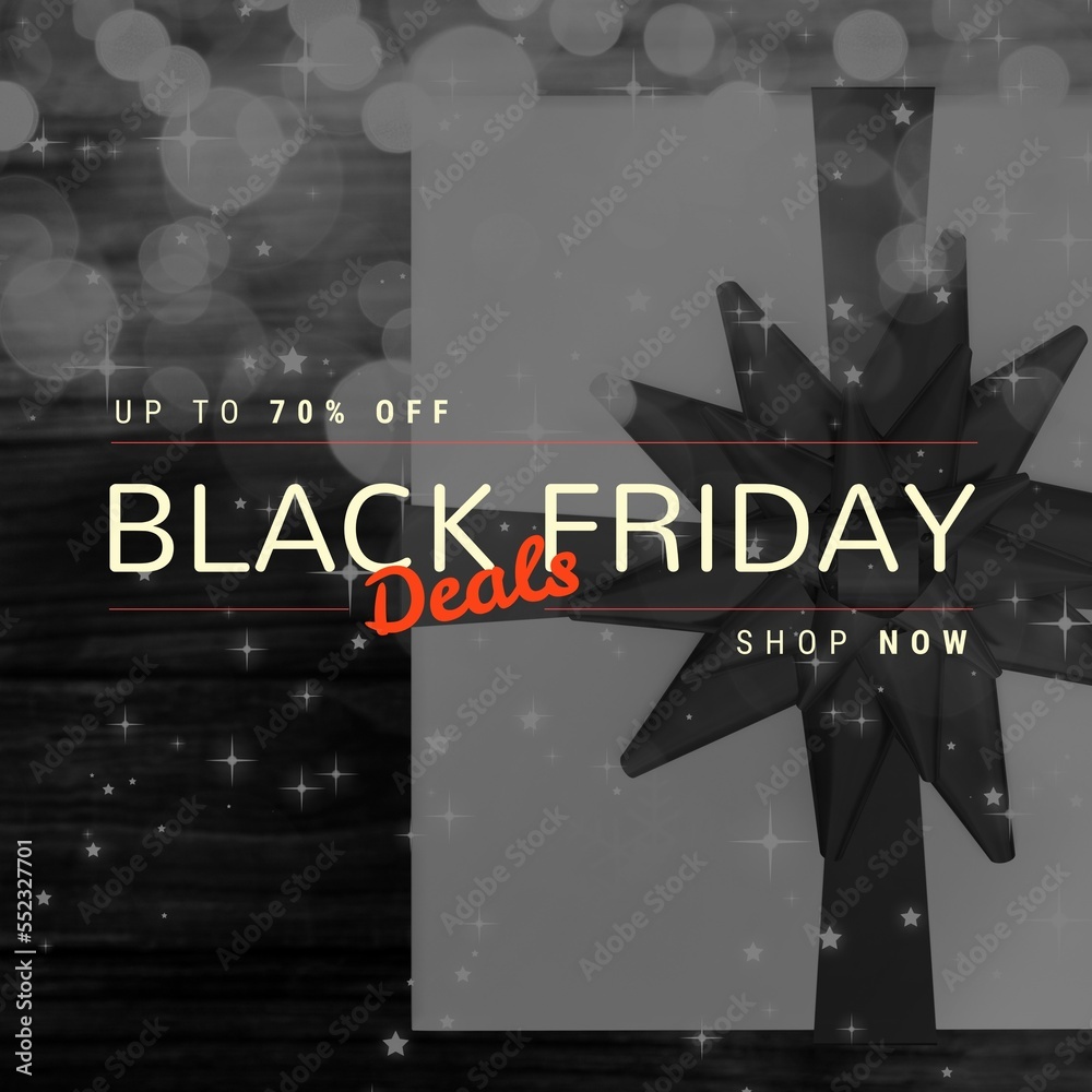 Composition of up to 70 percent off black friday deals shop now text over present and light spots