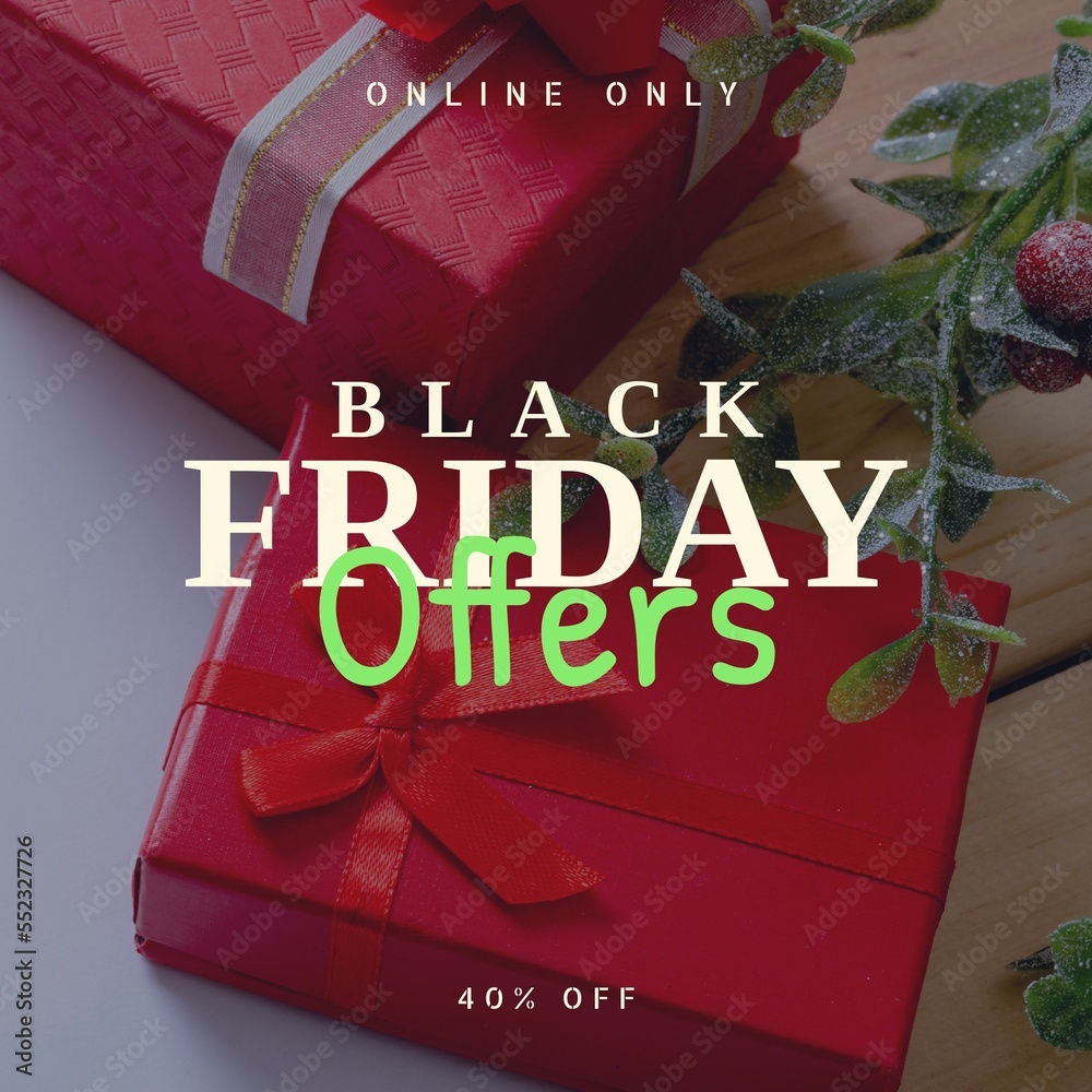 Composition of online only black friday offers 40 percent off text over presents