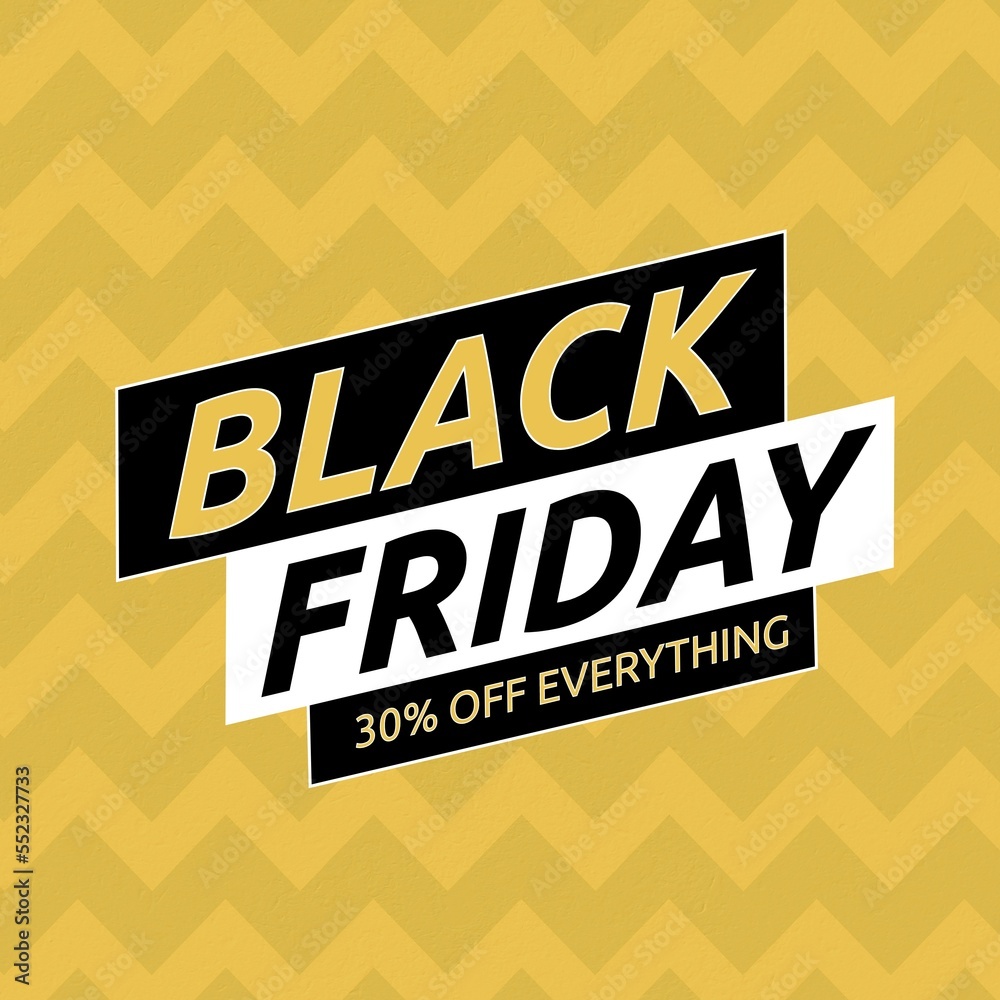 Composition of black friday 30 percent off everything text over shapes on yellow background