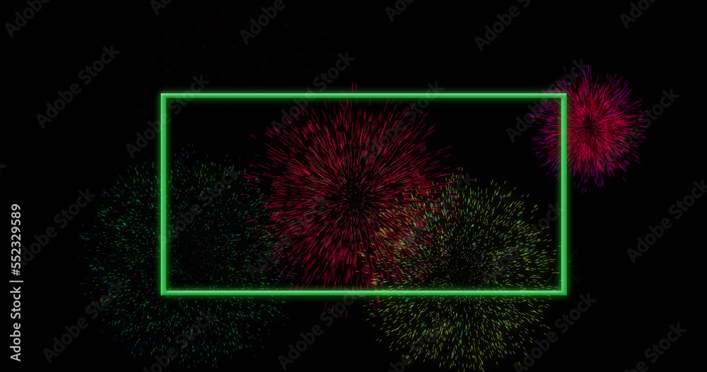 Image of green rectangle frame over colourful christmas and new year fireworks in night sky