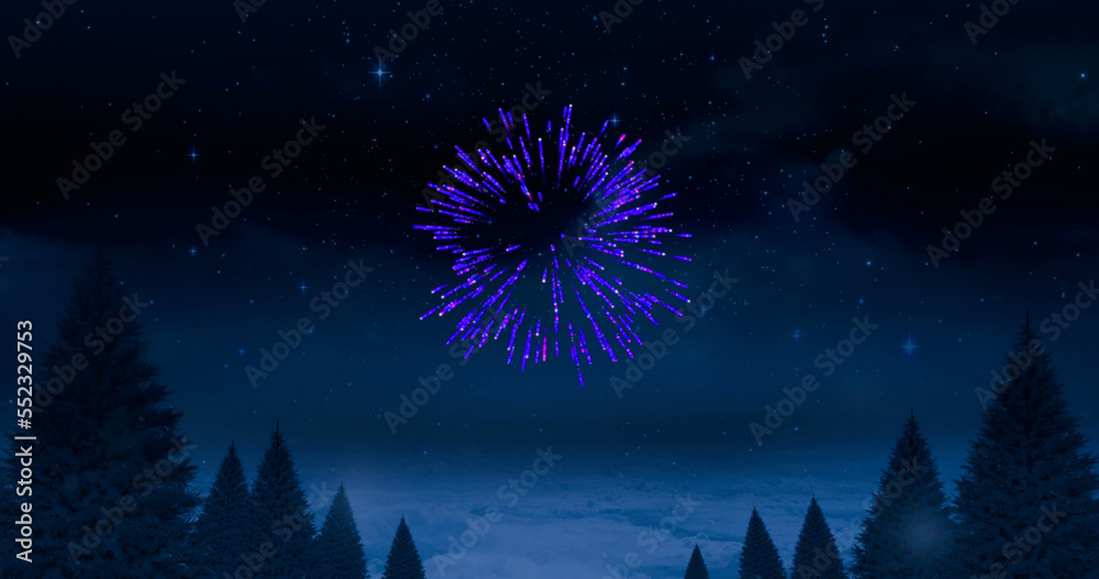 Image of purple christmas and new year fireworks exploding over trees in night sky