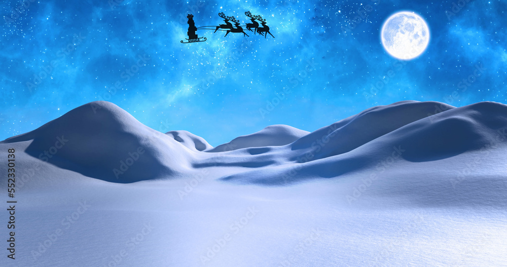 Image of santa claus in sleigh with reindeer over moon and sky