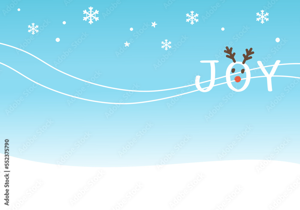 New year and Christmas background with snowflakes, hand written fonts, and reindeer face on blue sky