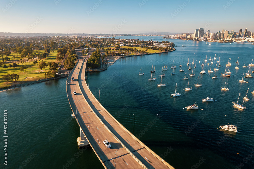 Aerial view of Coronado Bridge in San Diego bay in southern California