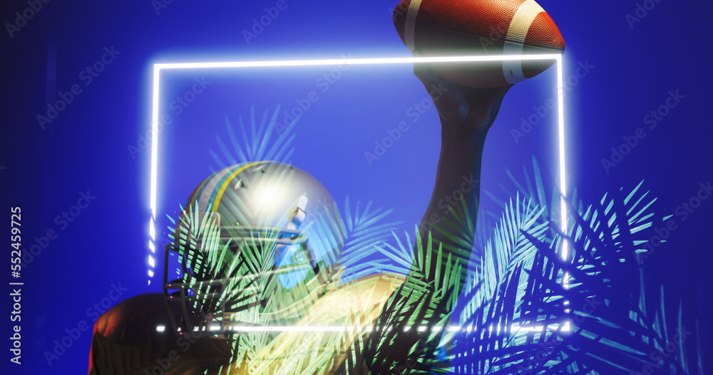 Composite of american football player raising ball by illuminated rectangle and plants, copy space