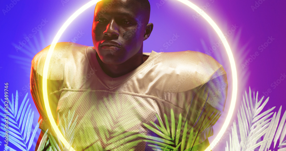 Composite of serious thoughtful american football player over illuminated circle and plants