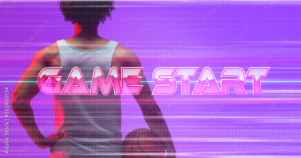 Composite of game start text with glitch technique over rear view of biracial player with basketball