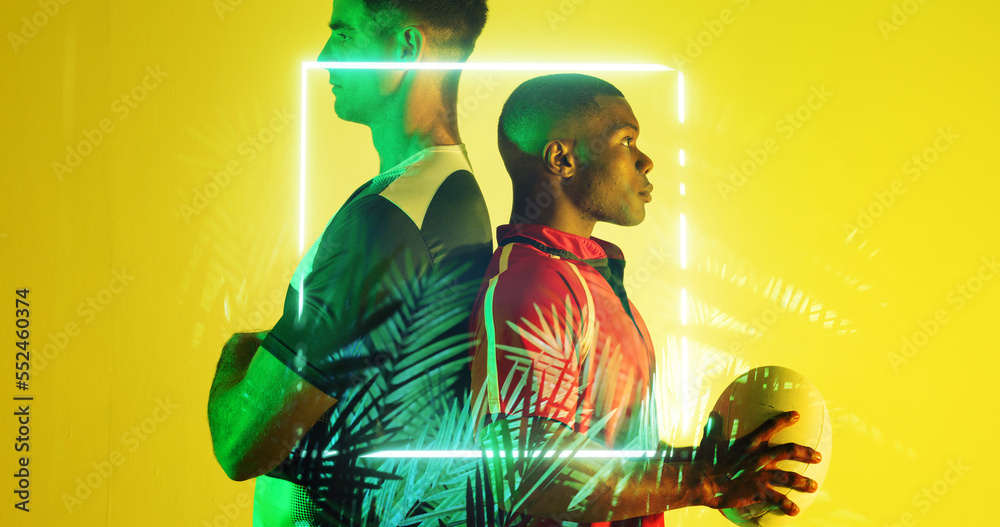 Composite of multiracial male players standing back to back by illuminated plants and square