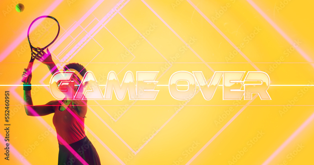 Biracial female athlete striking ball with racket by illuminated game over text by lines