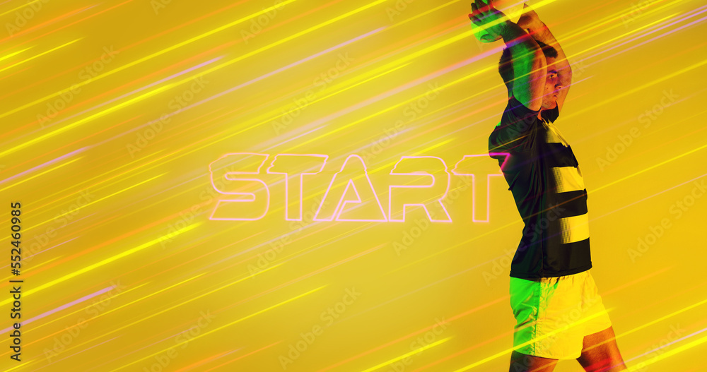 Caucasian rugby player throwing ball by start text over long exposure of light on yellow background