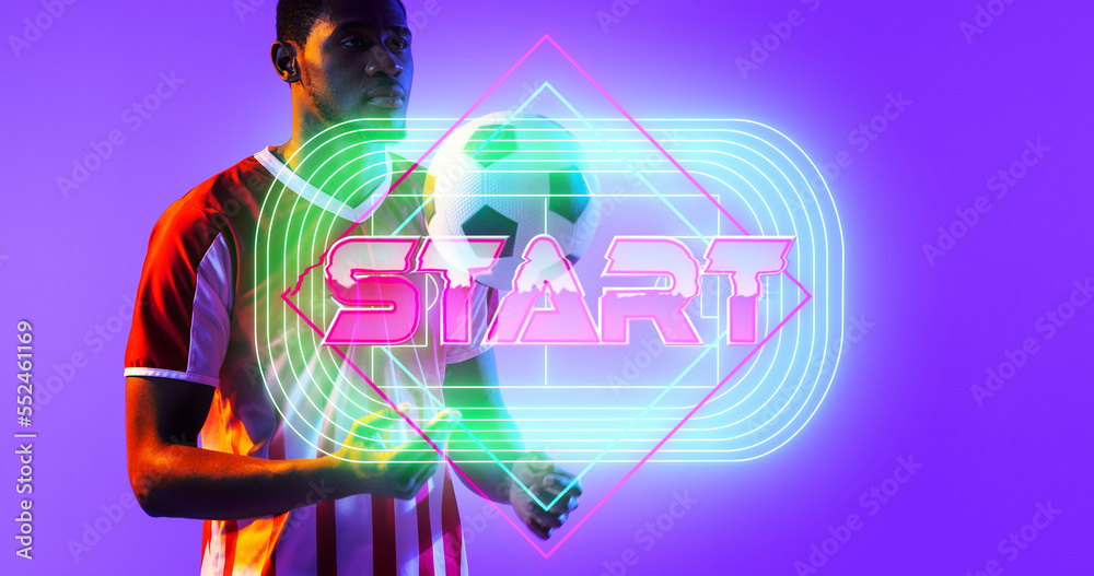 Illuminated start text in square with soccer field over african american male player holding ball