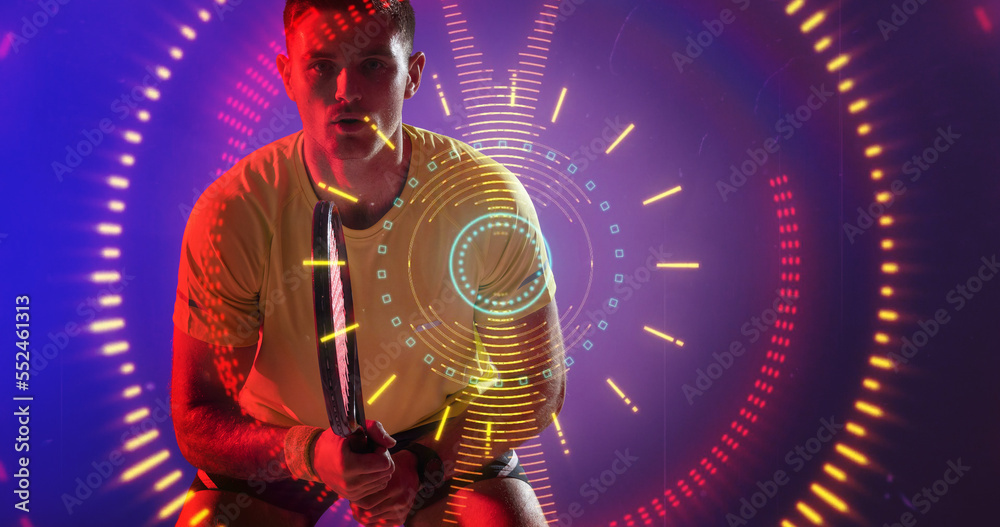 Composite of caucasian tennis player holding racket with colorful neon design, copy space