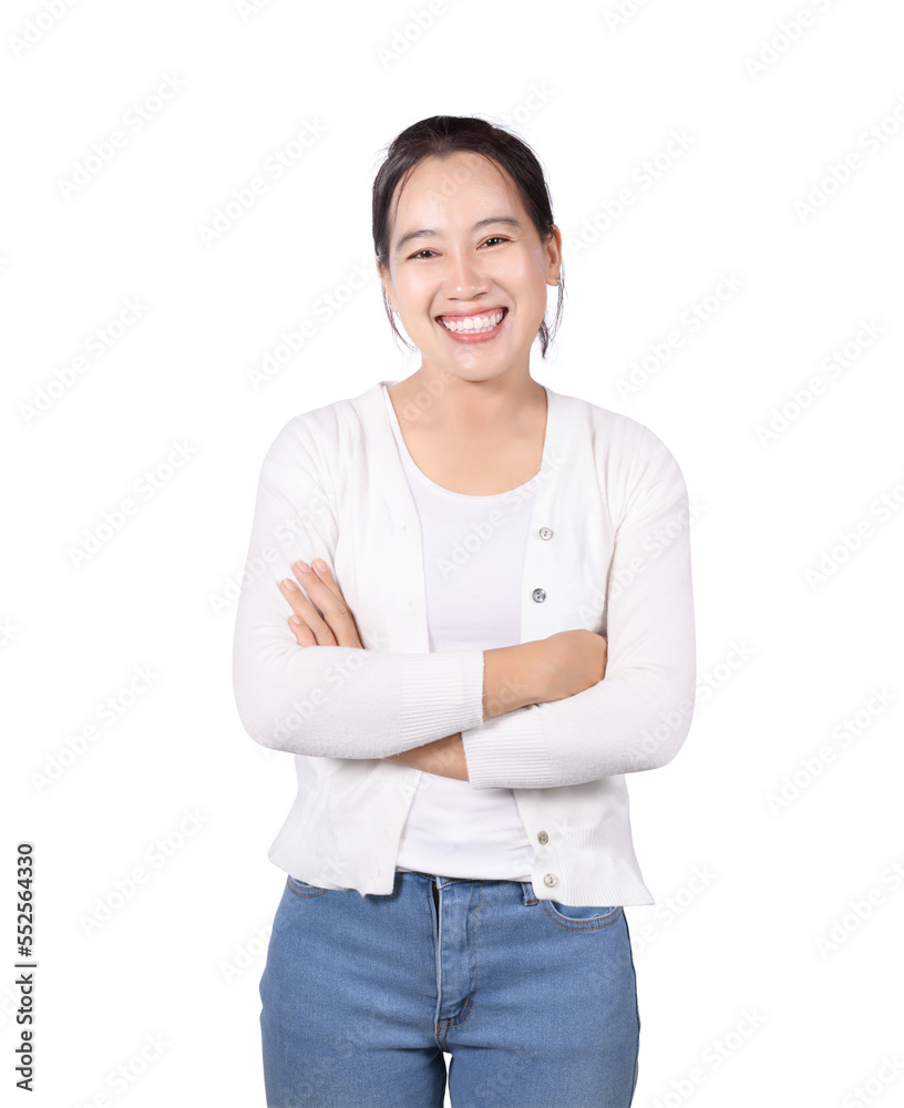 Asian woman crossed arms and smiling isolated on white background.