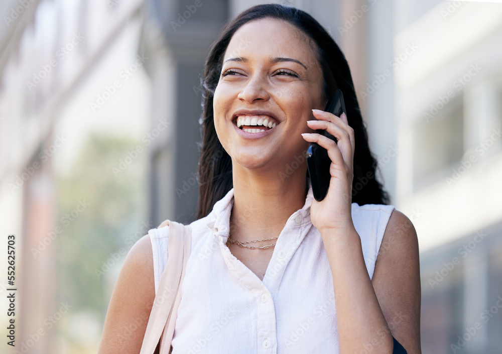 Phone call, cellphone and young happy woman in the city commuting to work or the office. Happiness, 