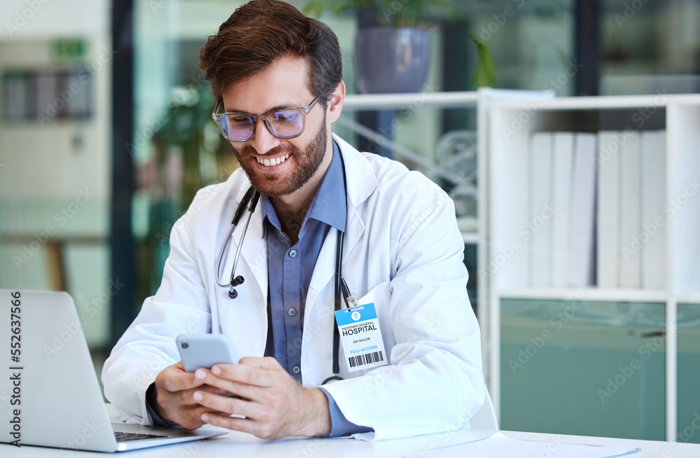 Phone, laptop and science with a man at work in a laboratory for research, innovation or development