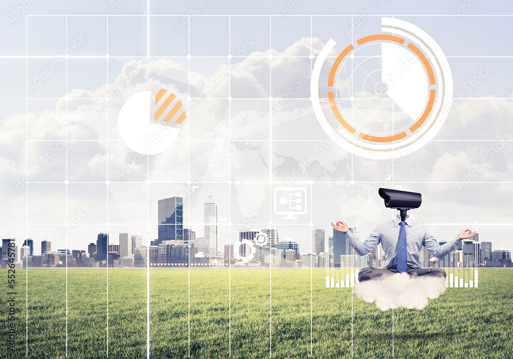 Camera headed man sitting in lotus pose on cloud against modern cityscape