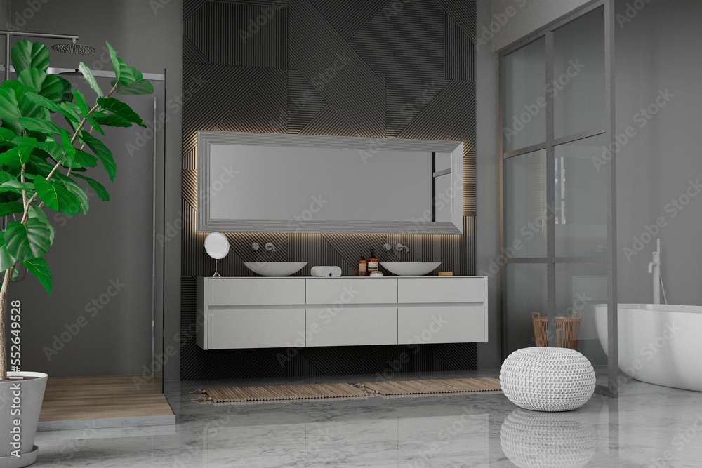 Modern bathroom interior with wooden decor in eco style. 3D Render	