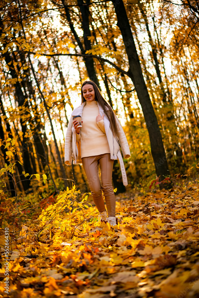 Golden park walking pretty woman. Outdoor autumn seasonal yellow nature.