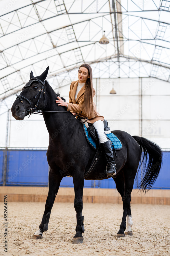 Sporty horse professional woman rider. Young lady jockey with horse.