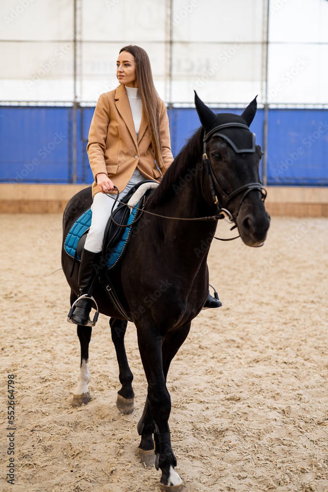 Horse riding pretty woman. Lifestyle hobby outdoor horse rider.