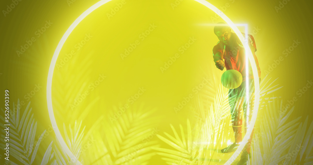 Illuminated circle and plants over african american rugby player throwing ball on yellow background